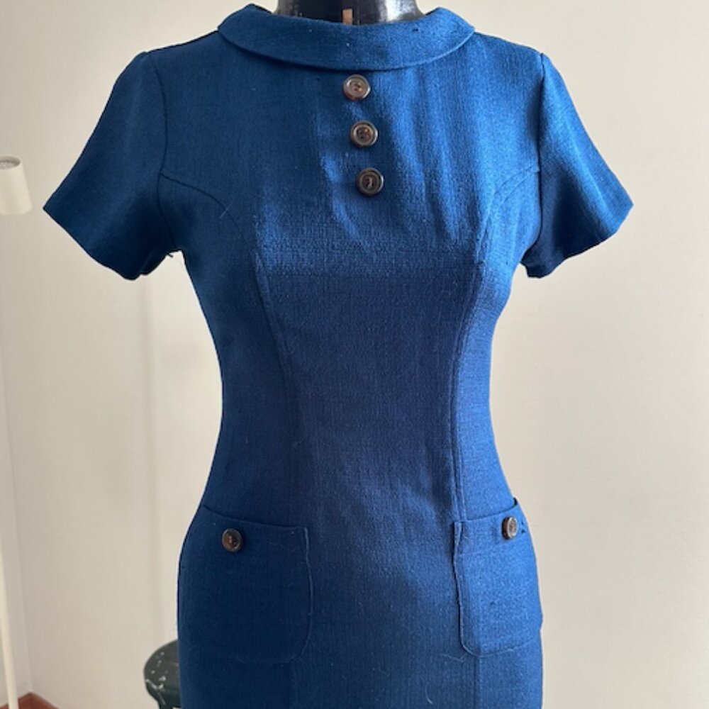 Vintage Midcentury 1960s Fitted Navy Blue Dress